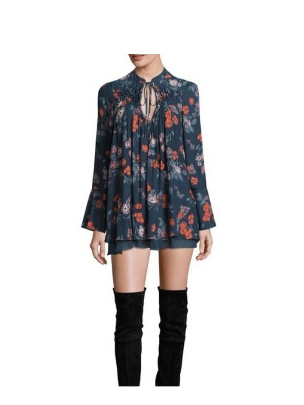 Free People  Floral Blouse/ Tunic with Coral and Blush Accents